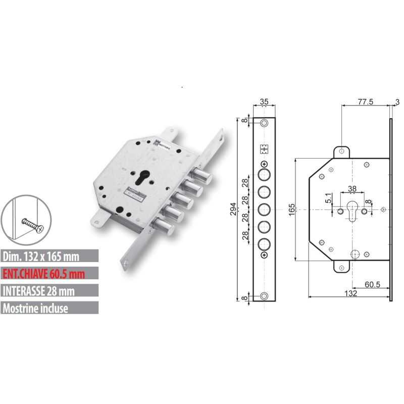 Security door lock Mottura 89C850 / M triple cylindrical