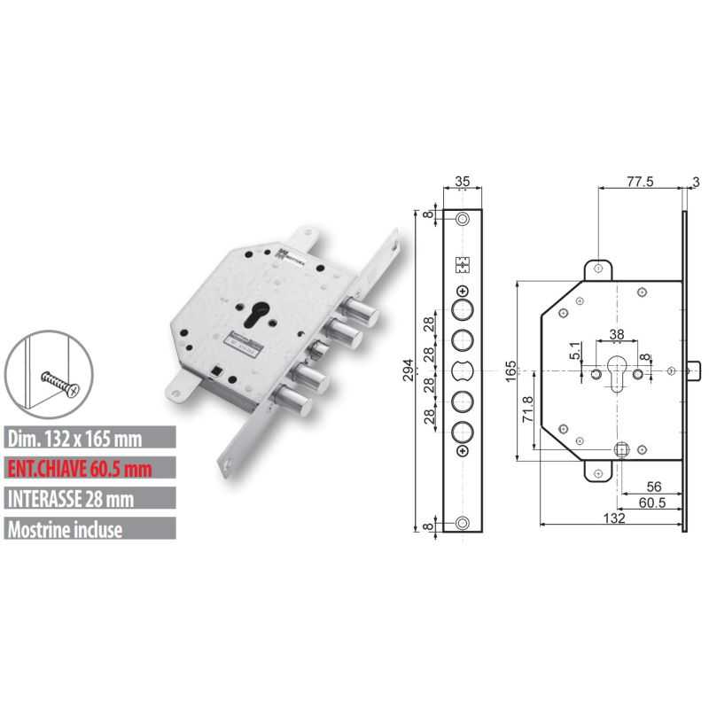 Security door lock Mottura 89C851 / M triple 1 / 2g cil.eur.