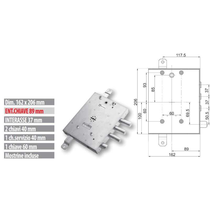 Mottura security door lock 89.R571G / U Triple 1/2 turn