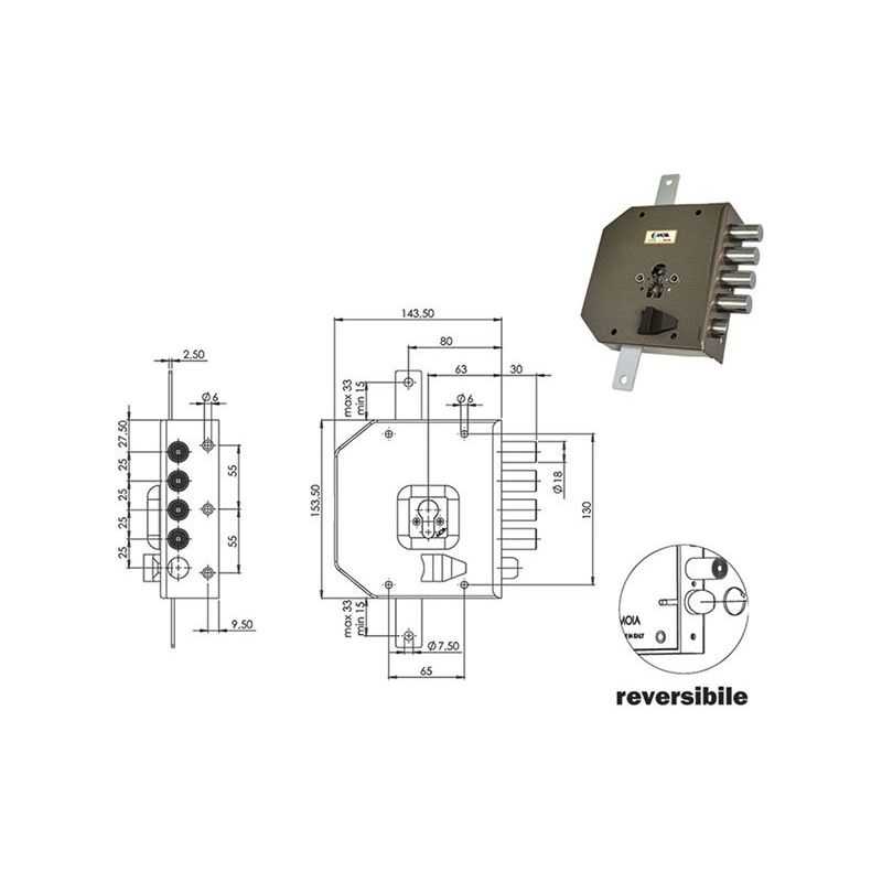 MOIA G454B triple 1/2 turn security lock with European cylinder