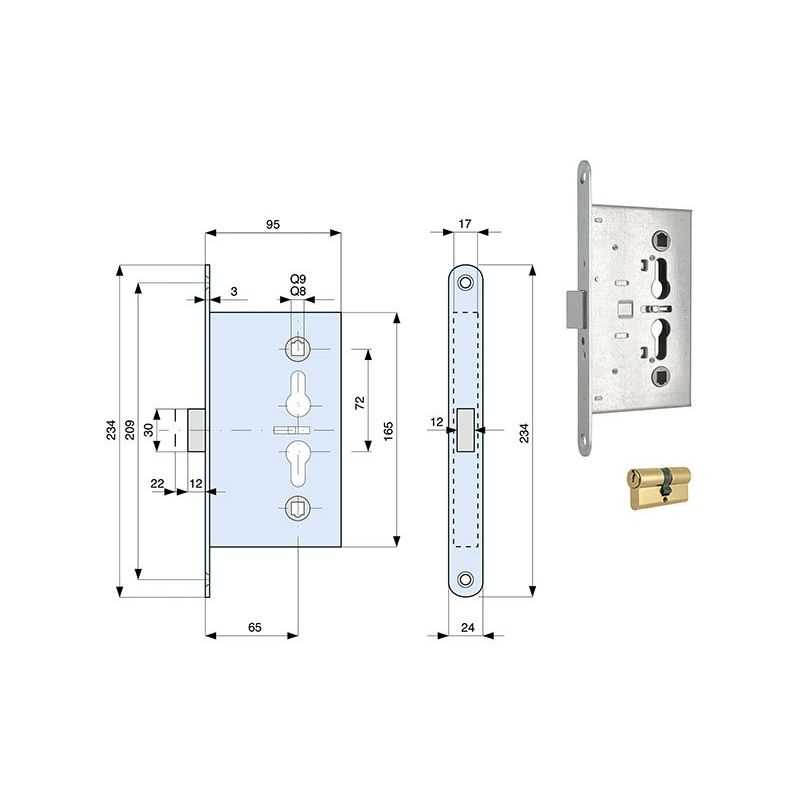 Mortise lock for cellar / fire doors MG 480 650 square 9