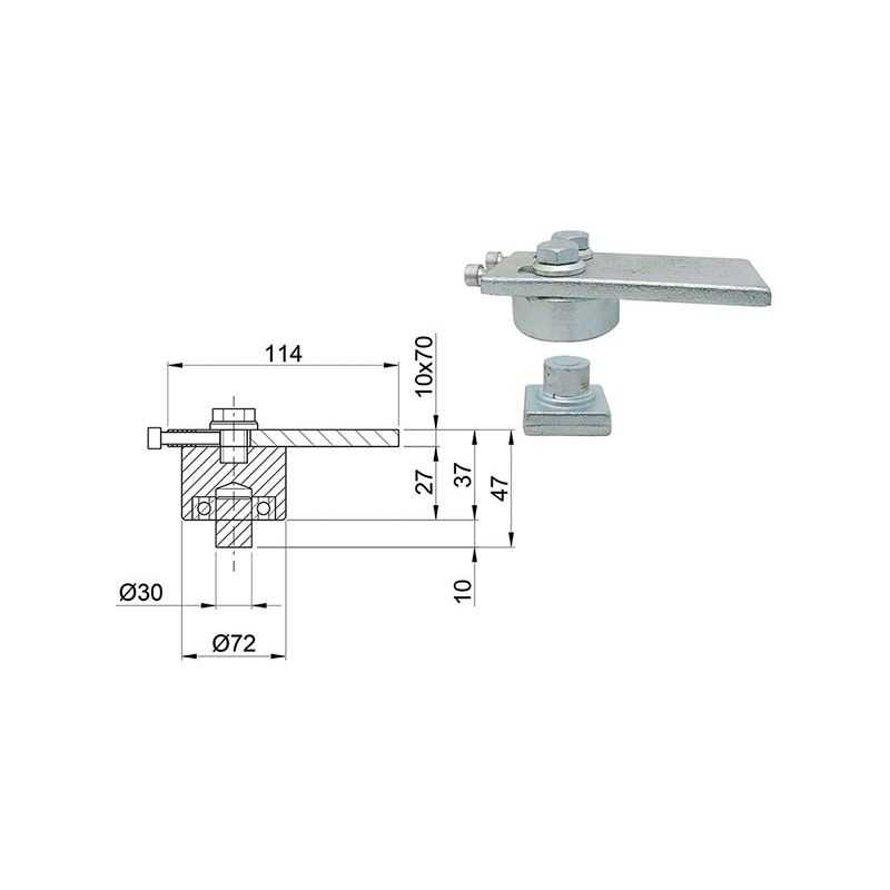 Cardine superiore per cancelli diam.70mm regolabile c/staffa