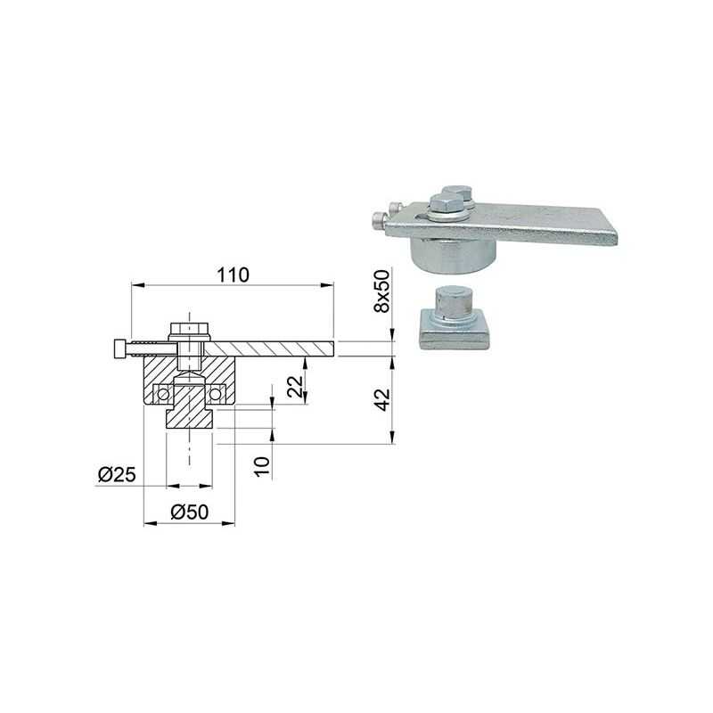 Cardine superiore per cancelli diam.50mm regolabile c/staffa