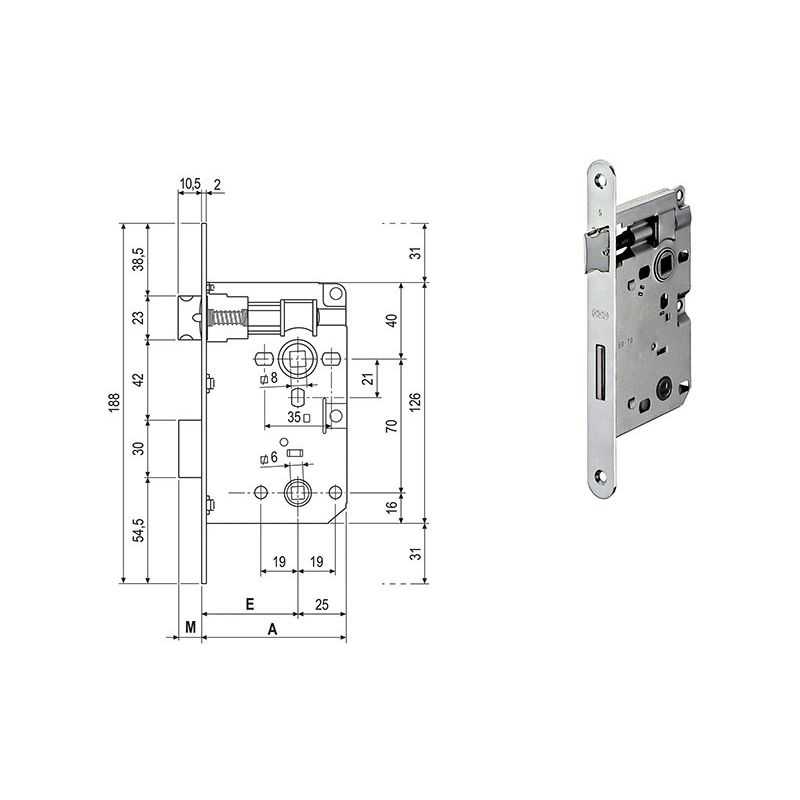 Serratura per porte interne AGB 579 Q.8x70mm BAGNO DOPPIO QUADRO