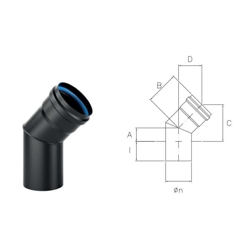 Curva a 45° NVC4 VIDUE Acciaio HT01 Nero opaco per stufe pellet