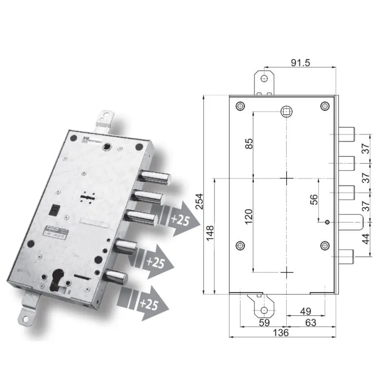 Mottura armored door lock 89.597L7/5Z plurisystem for CALABRO'