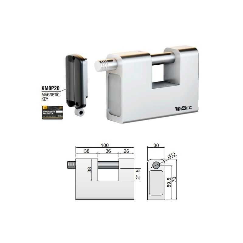 Lucchetto rettangolare per serrande DISEC MG600 Inox chiave