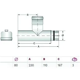 Tubo a T a 90° con tappo d. 80mm ALA ECO PELLET nero opaco per stufe a pellet