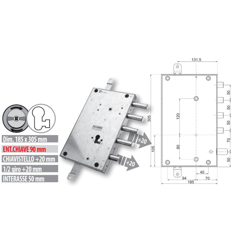 Serratura porta blindata Mottura 89.8461GR/Q per GARDESA triplice 1/2 giro 