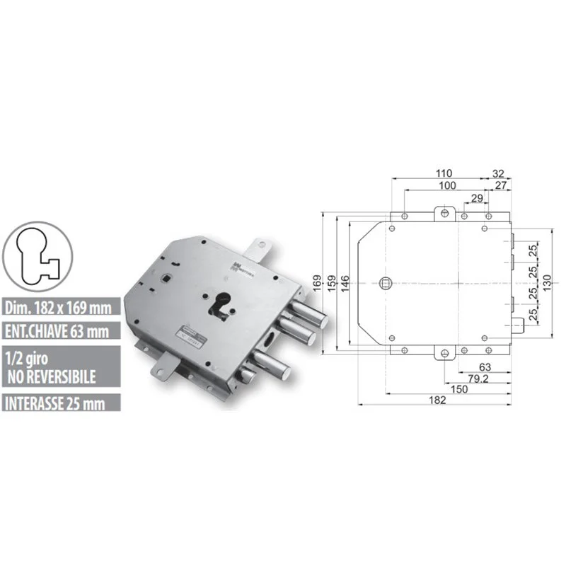 Serratura porta blindata Mottura 89.8555GR/T triplice 1/2g GARDESA