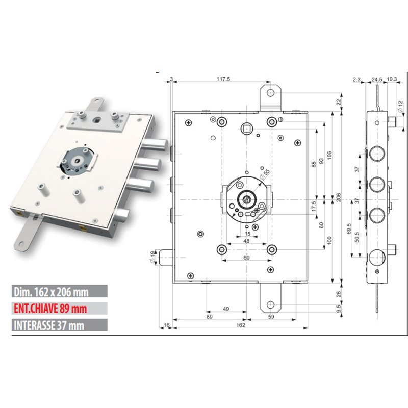 Security door lock Mottura 3DKEY 893D.571GR for GARDESA