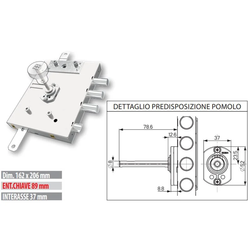 Security door lock Mottura 3DKEY 893D.573GR for GARDESA Knob