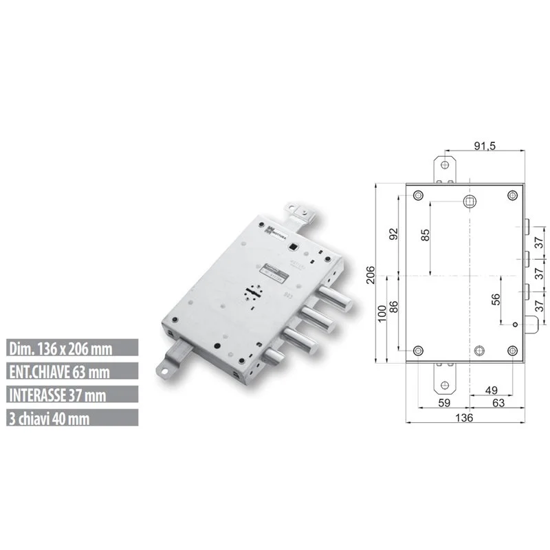 Security door lock Mottura 89.571TOR for TORTEROLO