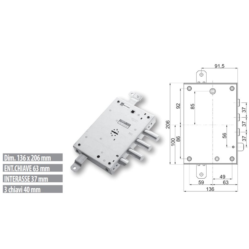 Serratura porta blindata Mottura 89.571TOR triplice 1/2g TORTEROLO