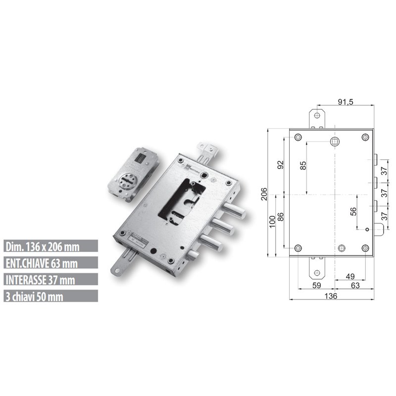 Serratura porta blindata Mottura 89.N471TOR triplice 1/2g TORTEROLO