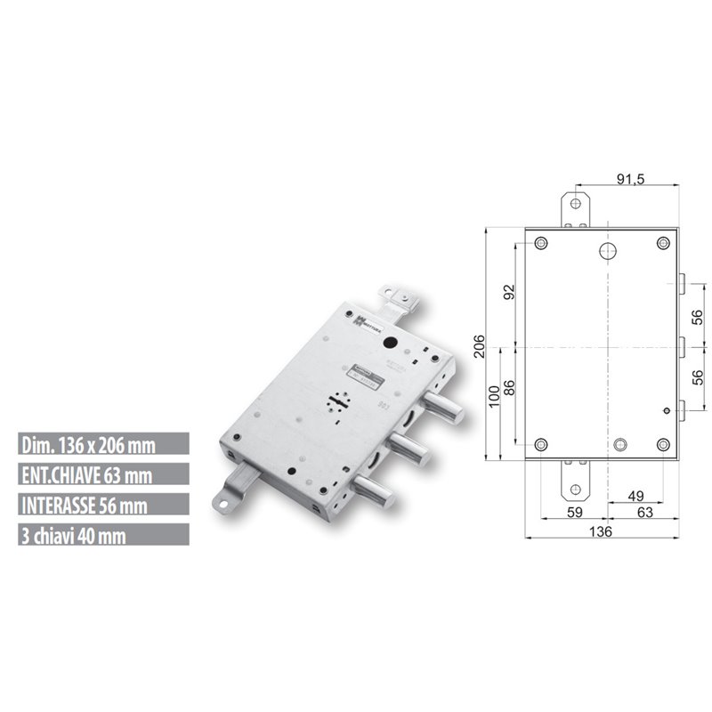 Mottura 89.583TOR triple armored door lock TORTEROLO