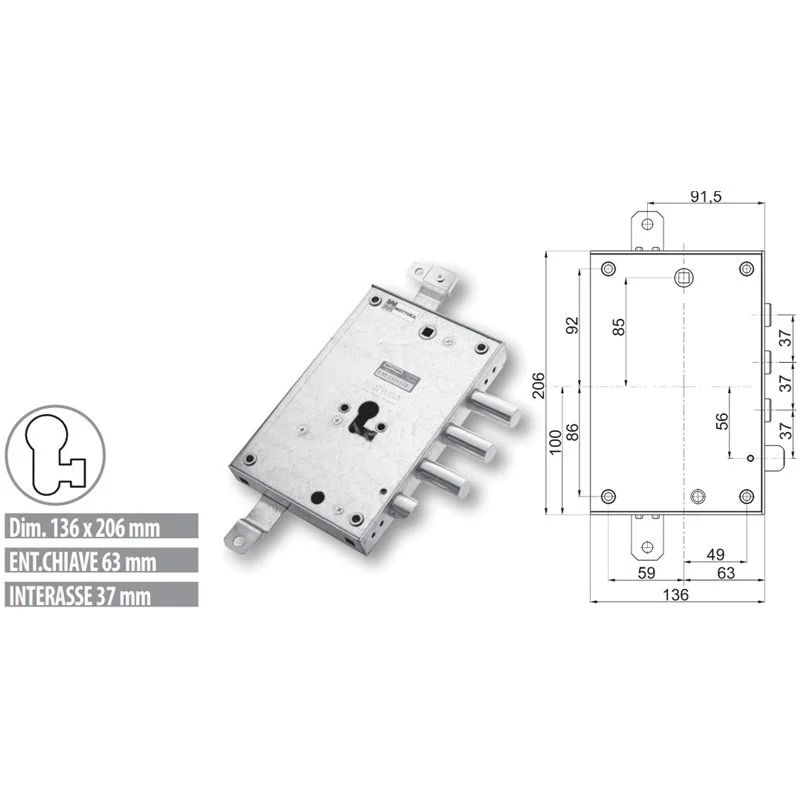 Security door lock Mottura 89.8571TO/Q for TORTEROLO