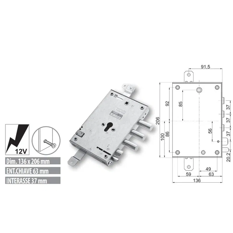 Mottura 89837E7/Q triple 1/2 turn armored door electric lock