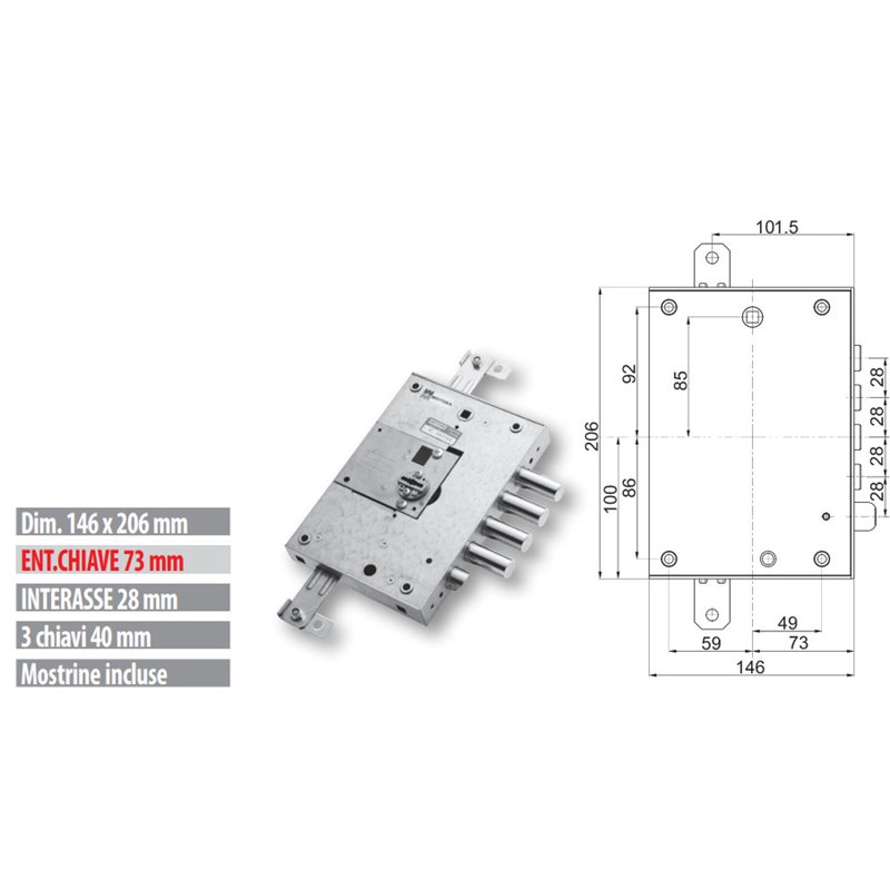 Mottura 89.K571DR/B triple 1/2g armored door lock compatible with Dierre