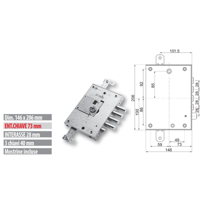 Serratura porta blindata Mottura 89.K571DR/B triplice 1/2g compatibile Dierre