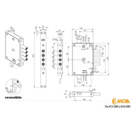 MOIA 614-280D REVERSIBLE armored door lock, 63mm key entry