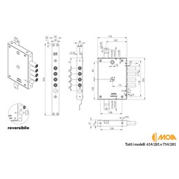 MOIA 614-281D REVERSIBLE armored door lock, 63mm key entry