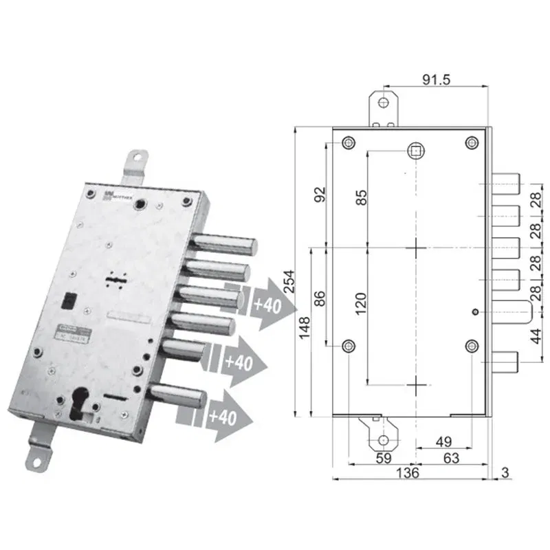 Security door lock Mottura 89.587/PAN1 plurisystem for PAN